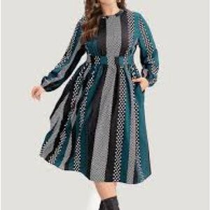 BloomChic Blue and Black A-Line Dress with Bishop Sleeves